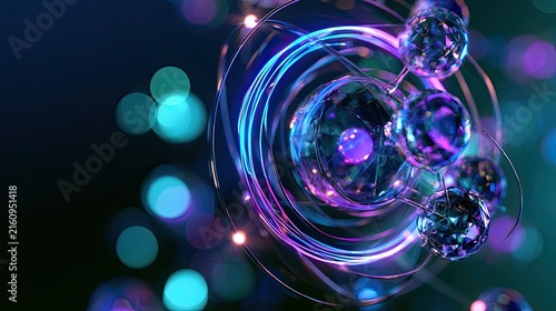Futuristic atomic structure with glowing rings and crystalline spheres