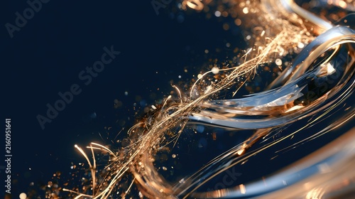 Swirling golden threads and sparkling particles on a dark blue background