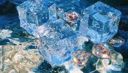 Crystal ice cubes melt in shimmering blue and gold liquid depths