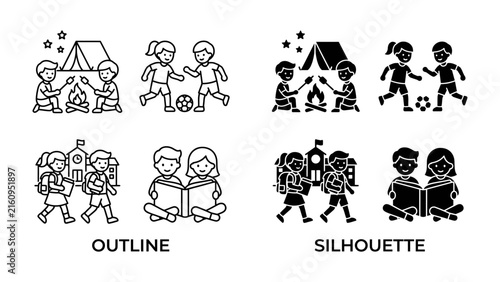 Children's Activities Icons: A collection of charming outline and silhouette icons depicting children engaging in various fun activities like camping, playing soccer, going to school, and reading.