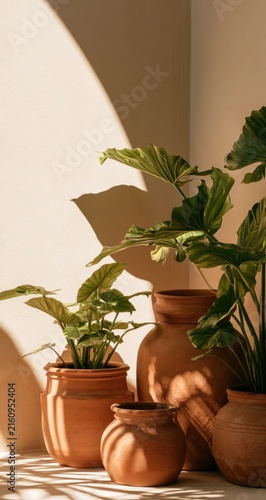 Terracotta pots with lush green plants bathed in warm sunlight