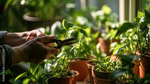 Hands carefully trim lush green houseplants bathed in soft, sunlit window light