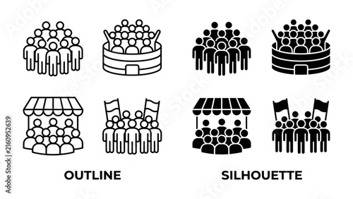 Crowd Icons: A collection of outline and silhouette icons depicting diverse crowds, representing gatherings, events, and collective action.