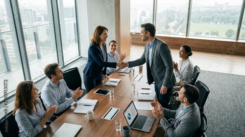 Business handshake in modern office, team celebrating success at conference table.