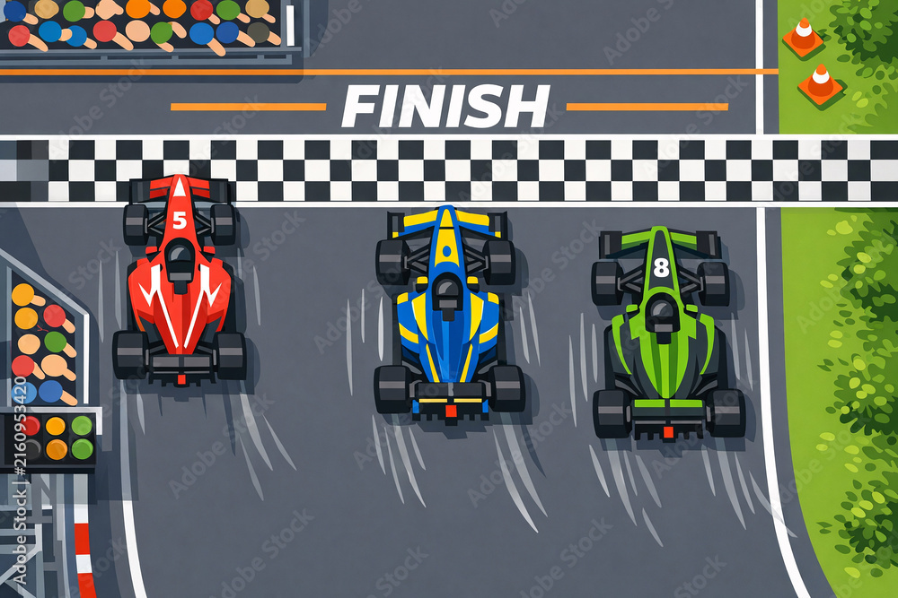 Obraz premium Three Formula One cars racing to cross the finish line. The image captures a moment of intense competition as drivers vie for the top spot.