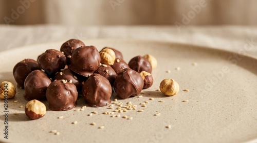 Chocolate Covered Hazelnuts Scattered on a Surface