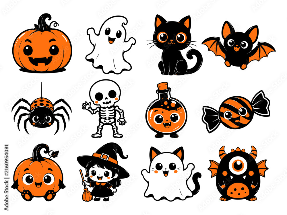 Naklejka premium Halloween Icons Set with Cute Pumpkin, Ghost, Cat, Bat, Spider, Skeleton, Witch, and Candy Illustration