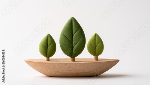 Three soft, felt-like green leaves atop a polished wooden base