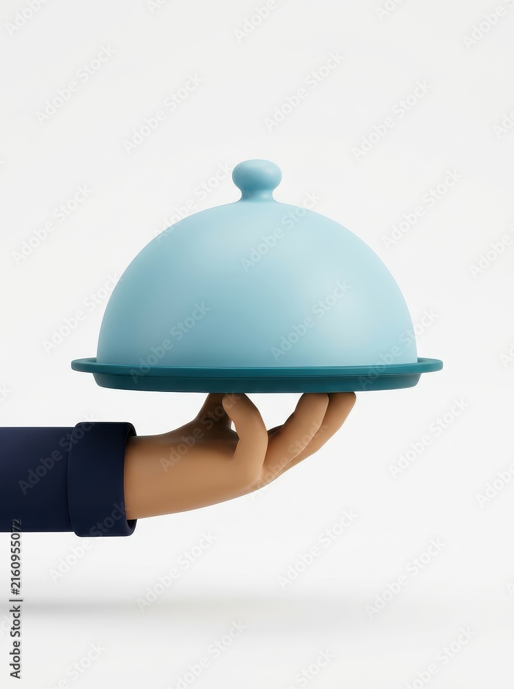 Fototapeta premium 3D Illustration of a Hand Holding a Blue Restaurant Cloche Food Cover on a Tray Isolated on White Background