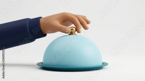 3D Rendered Hand Opening a Blue Food Cloche on a Tray for Restaurant Service and Surprise Reveal Concept