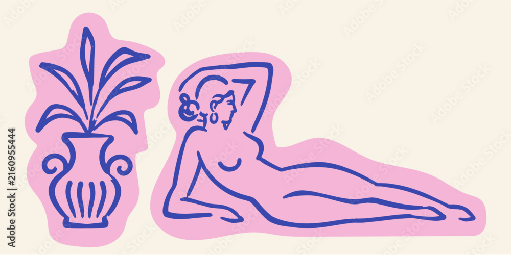 Naklejka premium Reclining Female Figure with Decorative Vase Doodle Illustration