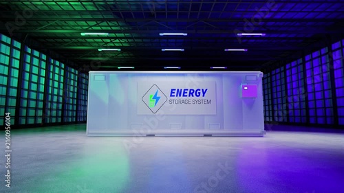 3d rendering energy storage systems or battery container units in factory under neon light 4k footage
