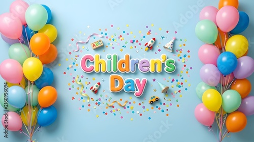Colorful balloons and confetti on a light blue background celebrating international childrens day with festive decorations