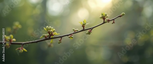 Young Budding Branch with Green Leaves in Soft Morning Light