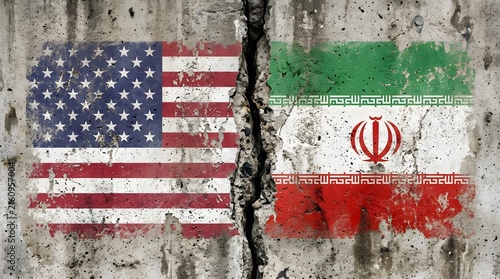 United states and iran flags on a weathered concrete wall representing geopolitical tension