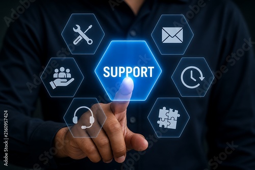 Finger touching glowing support icon with related service symbols