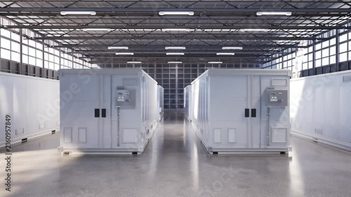 3d rendering amount of energy storage systems or battery container units in factory 4k footage