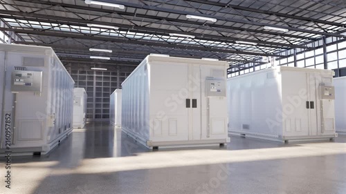3d rendering amount of energy storage systems or battery container units in factory 4k footage