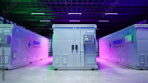 3d rendering amount of energy storage systems or battery container units in factory with neon light 4k footage