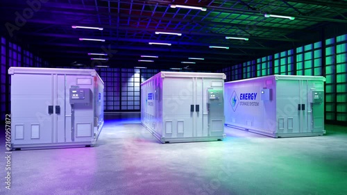 3d rendering amount of energy storage systems or battery container units in factory with neon light 4k footage