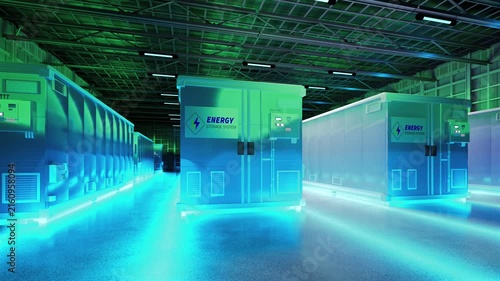 3d rendering amount of energy storage systems or battery container units in factory with neon light 4k footage