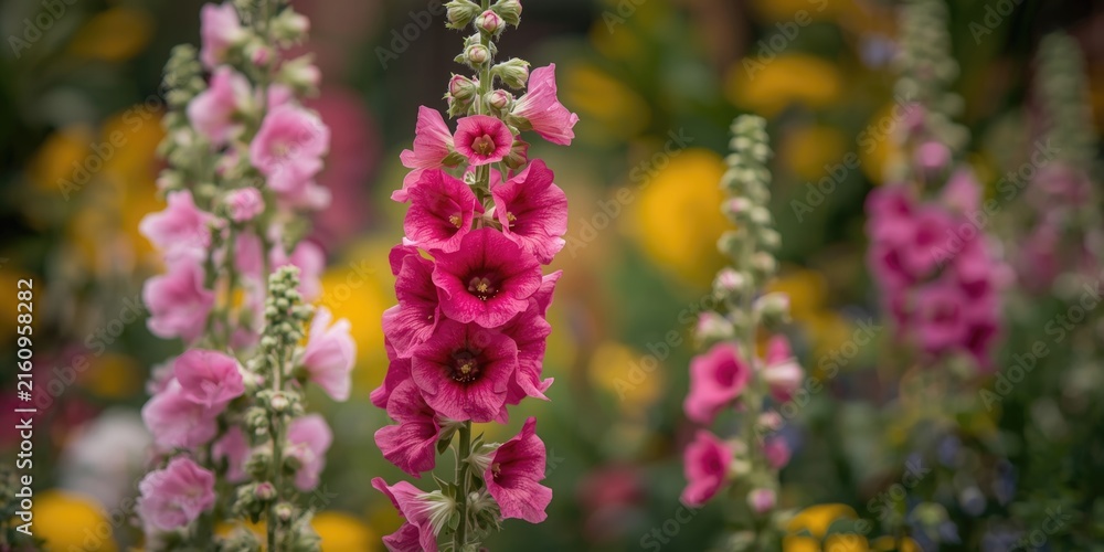 Obraz premium Colorful Flower Garden Blooming - Close-Up of Pink and Yellow Flowers, Soft Focus
