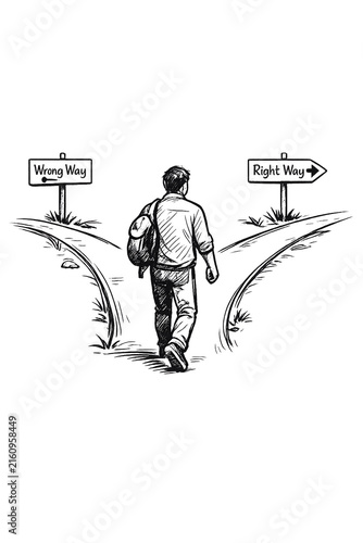 A person contemplating their path at a fork in the road, with street signs pointing left and right.