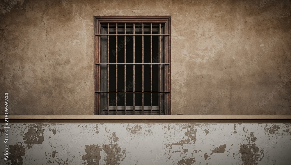 Obraz premium Empty Window with Bars on a Weathered Wall in Neutral Tones