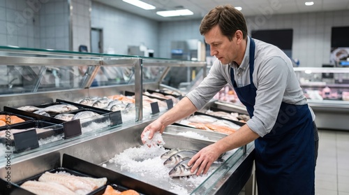 Fishmonger Arranging Fresh Fish on Ice in a Supermarket Display