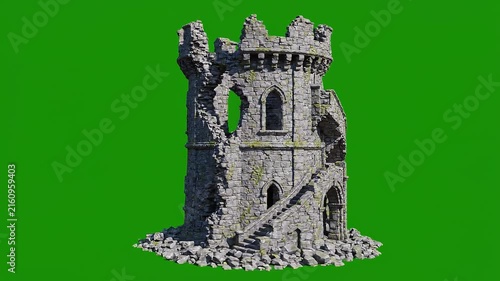 Ancient stone castle tower with spiral staircase isolated on green screen