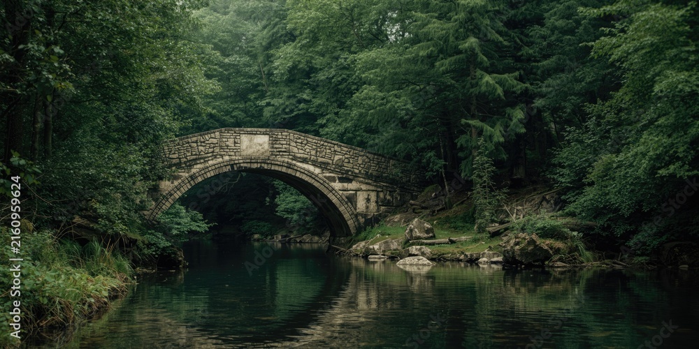 Fototapeta premium Stone Arch Bridge Reflected in Calm River Surrounded by Lush Green Forest