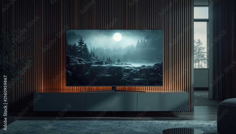 Fototapeta premium Modern Living Room with Television Displaying Mountain Landscape at Night