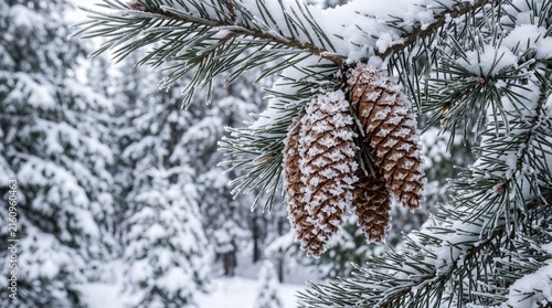 Pine cones covered in frost hang from a snow laden pine branch in a winter forest
