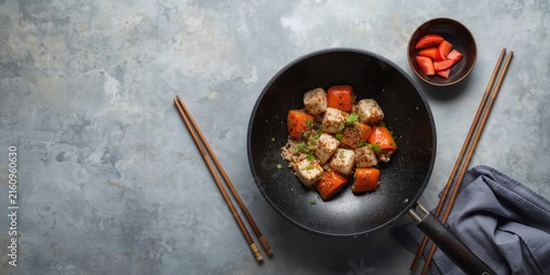 Stir-fried Tofu and Vegetables in a Black Bowl with Chopsticks and Pickled Radish