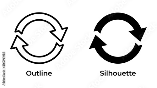 Foto Circular Arrows: Two identical sets of circular arrows, one an outline and the other a silhouette, represent the concept of repetition, refresh, or cycle