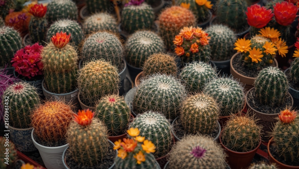 Fototapeta premium Colorful Cacti with Blooms in Pots in a Lush Arrangement