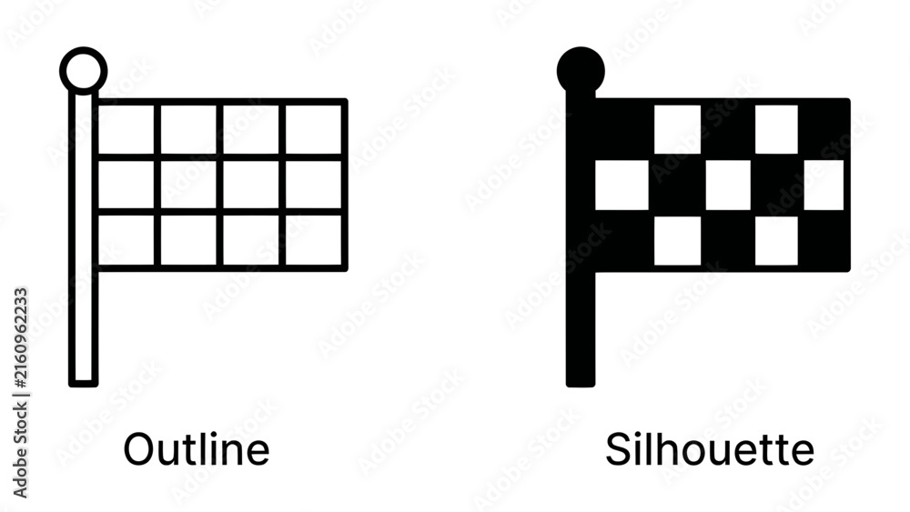Fototapeta premium Checkered Flag Iconography: Two checkered flags, one as an outline and the other as a silhouette, representing speed, competition, and the finish line.