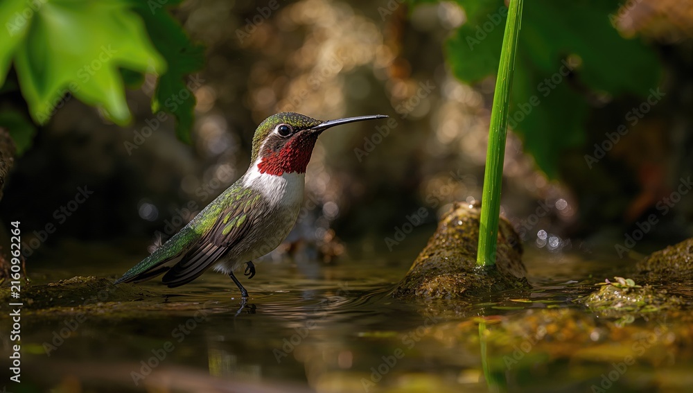 Naklejka premium Hummingbird Standing in Shallow Water Among Rocks with Greenery
