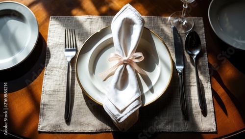 Obraz na płótnie Elegant setting featuring cutlery, napkin, empty plates on table, flat lay
