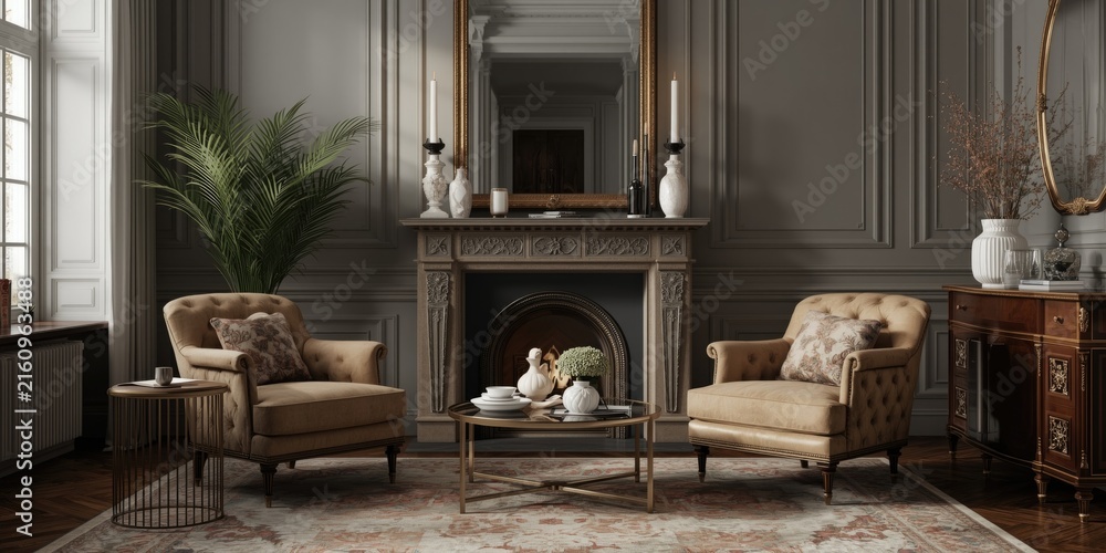 Fototapeta premium Elegant Living Room with Armchairs and Decorative Elements by a Fireplace