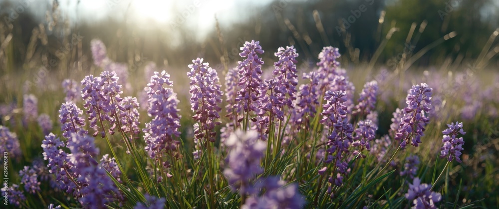 Obraz premium Purple Wildflowers Blooming in a Meadow at Sunrise with Soft Light