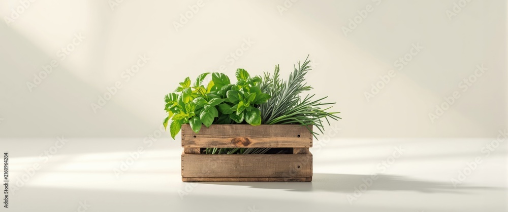 Naklejka premium Herbs Growing in a Wooden Crate on a Light Background with Soft Shadows