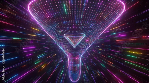 Glowing funnel symbol speeding through a vibrant psychedelic tunnel with colorful light streaks