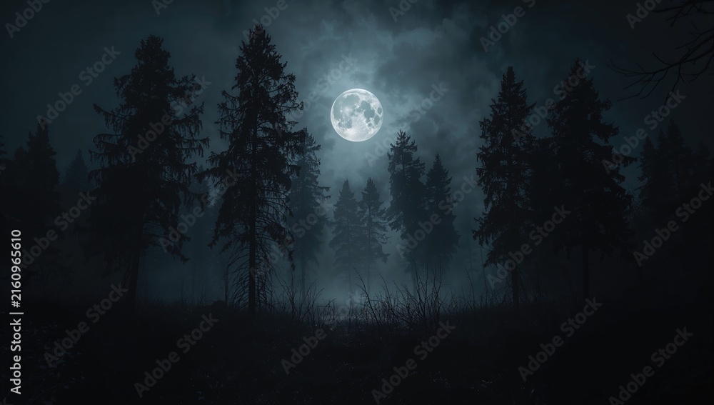 Naklejka premium Mysterious Forest Silhouettes Under Full Moon and Fog at Night