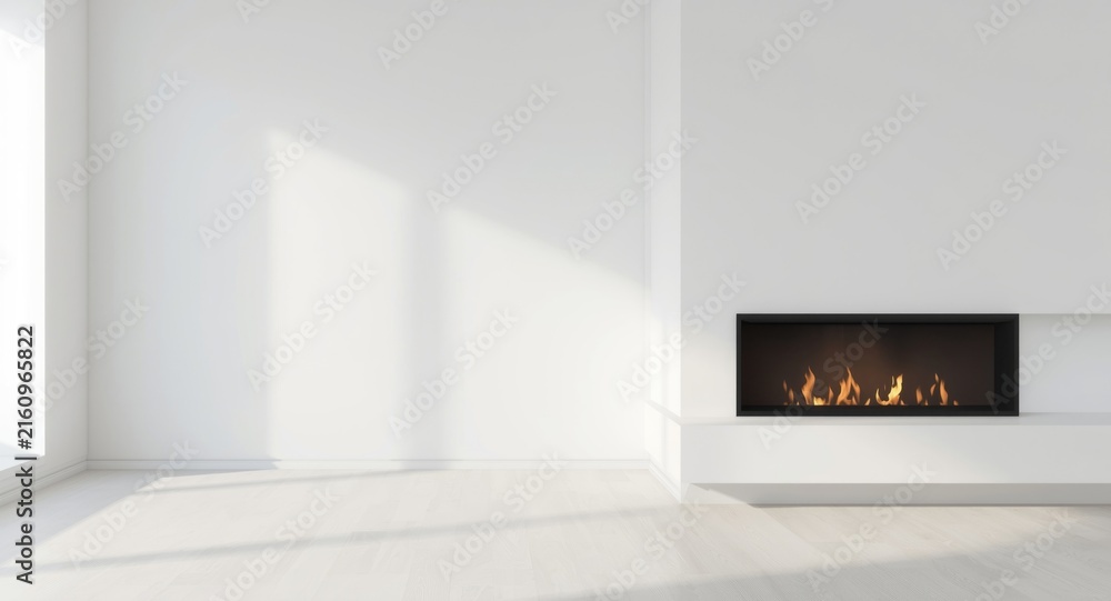 Naklejka premium Modern Minimalist Living Room with Fireplace and Natural Light
