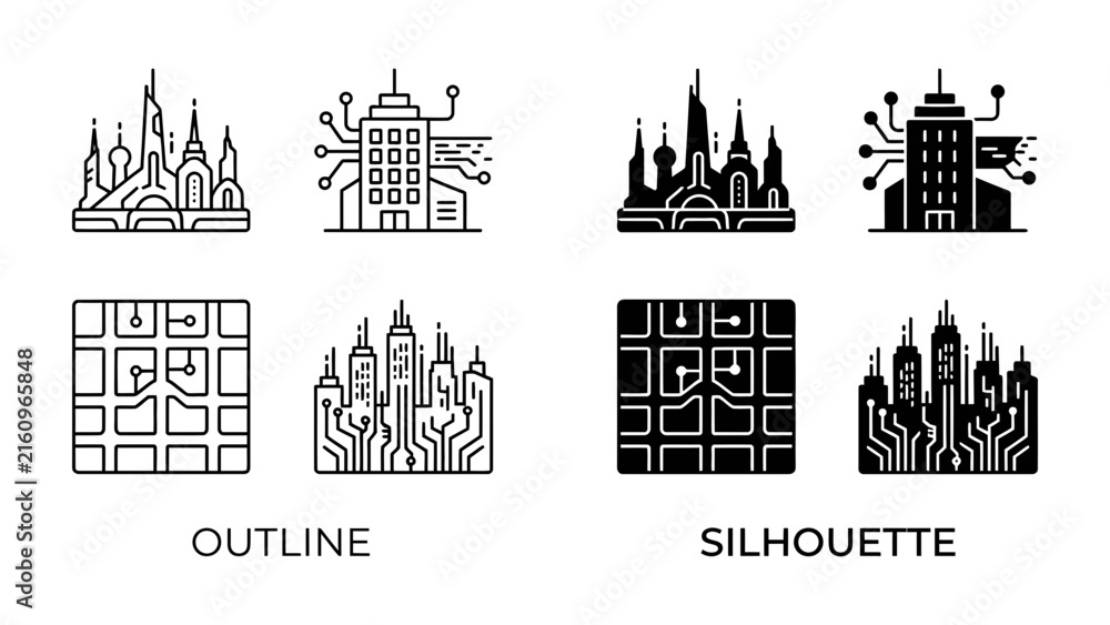 Fototapeta premium Smart City Iconography: A collection of minimalist icons representing a smart city, showcasing futuristic architecture integrated with digital technology in both outline and silhouette styles.