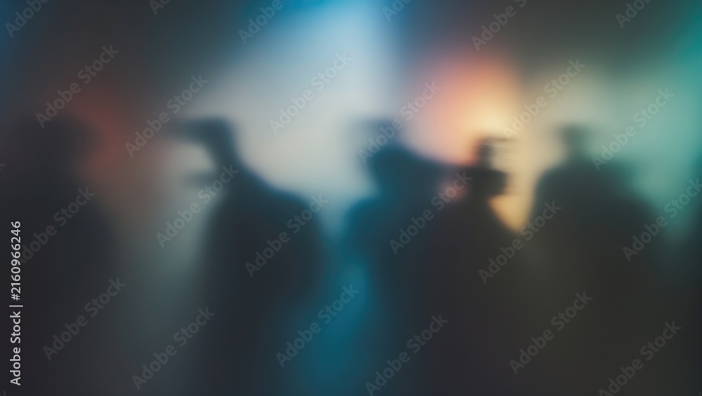 Fototapeta premium Silhouetted Figures in a Misty Environment with Colorful Lighting