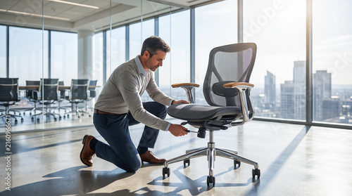 male corporate worker wearing casual business clothes kneeling on concrete floor while fixing grey ergonomic mesh office chair using metal manual screwdriver