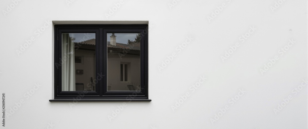 Fototapeta premium Modern Black Window Frame with Reflection on a Plain White Wall