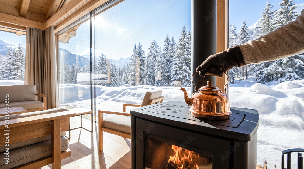 Fototapeta premium Person wearing thick glove placing copper teapot black wood stove burning fire large windows snowy pine forest mountains bright sunny winter day